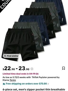 6-Pack Men's Breathable Active Shorts with Zipper Pockets - Black/Navy/Gray